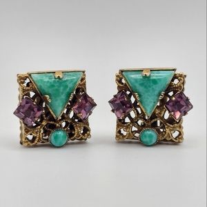 Vintage 1960s Square Chunky Earrings, Antique Gold Tone, Purple and Turquoise